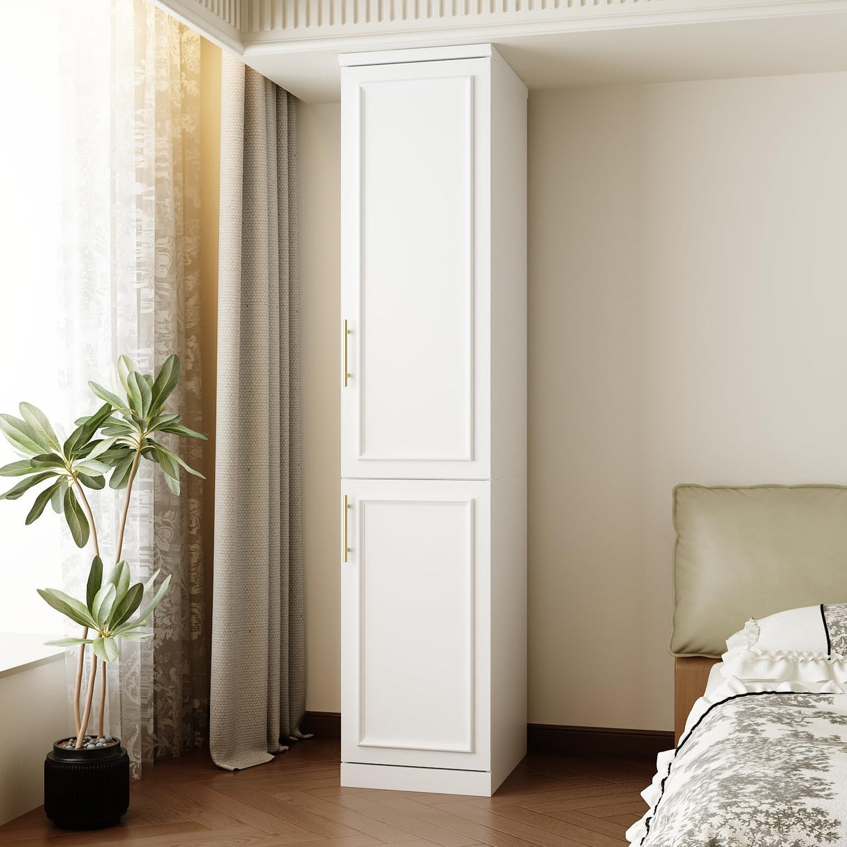 FUFU&GAGA Narrow Wardrobe Closet with 2 Doors, Modern White Bedroom Armoire with Gold Handles, Modern Clothes Storage Cabinet with Shelves, Hanging Rod, 15.7”W x 19.3”D x 74.8”H FUFU&GAGA