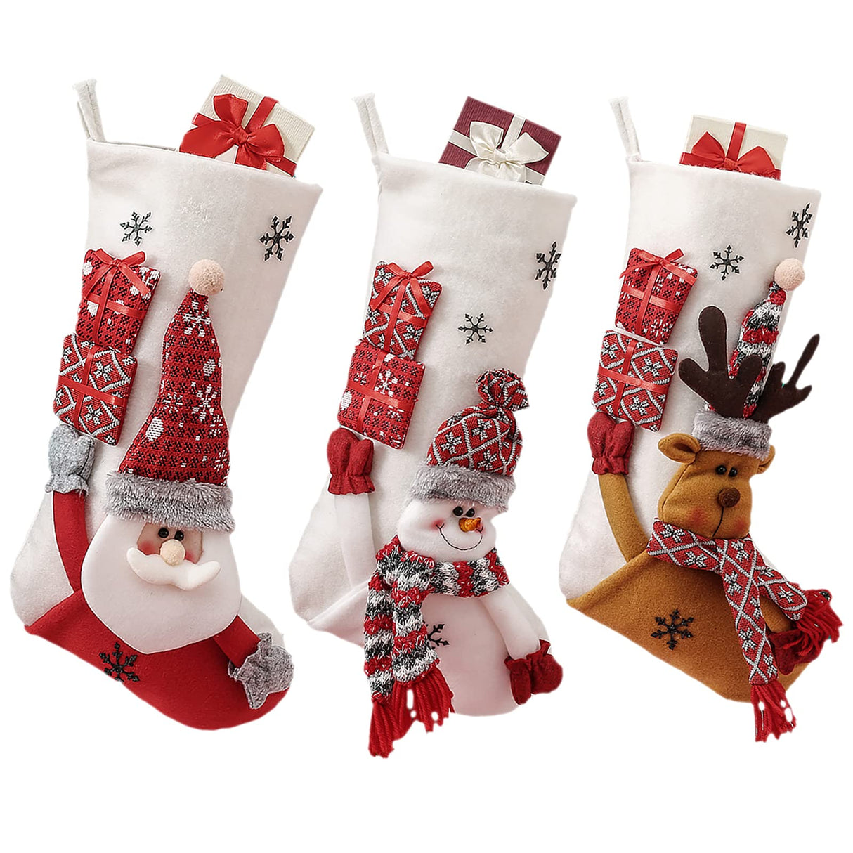 19-Inch Large Velvet Christmas Stockings Pack of 3, Santa, Snowman & Reindeer Fireplace Hanging Stockings, Plush Velvet Christmas Stockings, Plush Christmas Stocking with 3D Figurines & Snowflake masteymoh