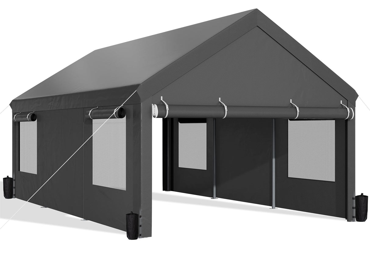 JAMFLY Carport, 12x20 ft Heavy Duty Carport with Roll-up Windows, Portable Garage with Removable Sidewalls & Doors, Car Canopy with Sandbags and All-Season Tarp for Car Boat Truck Motorcycle JAMFLY