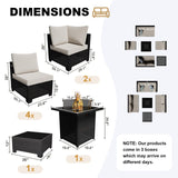 Peacabo Patio Furniture Set with Fire Pit Table, 8-Piece Outdoor Furniture Sofa Set with Thick Cushions, Wicker Sectional Sofa for Porch Garden Backyard, Brown/Beige Peacabo