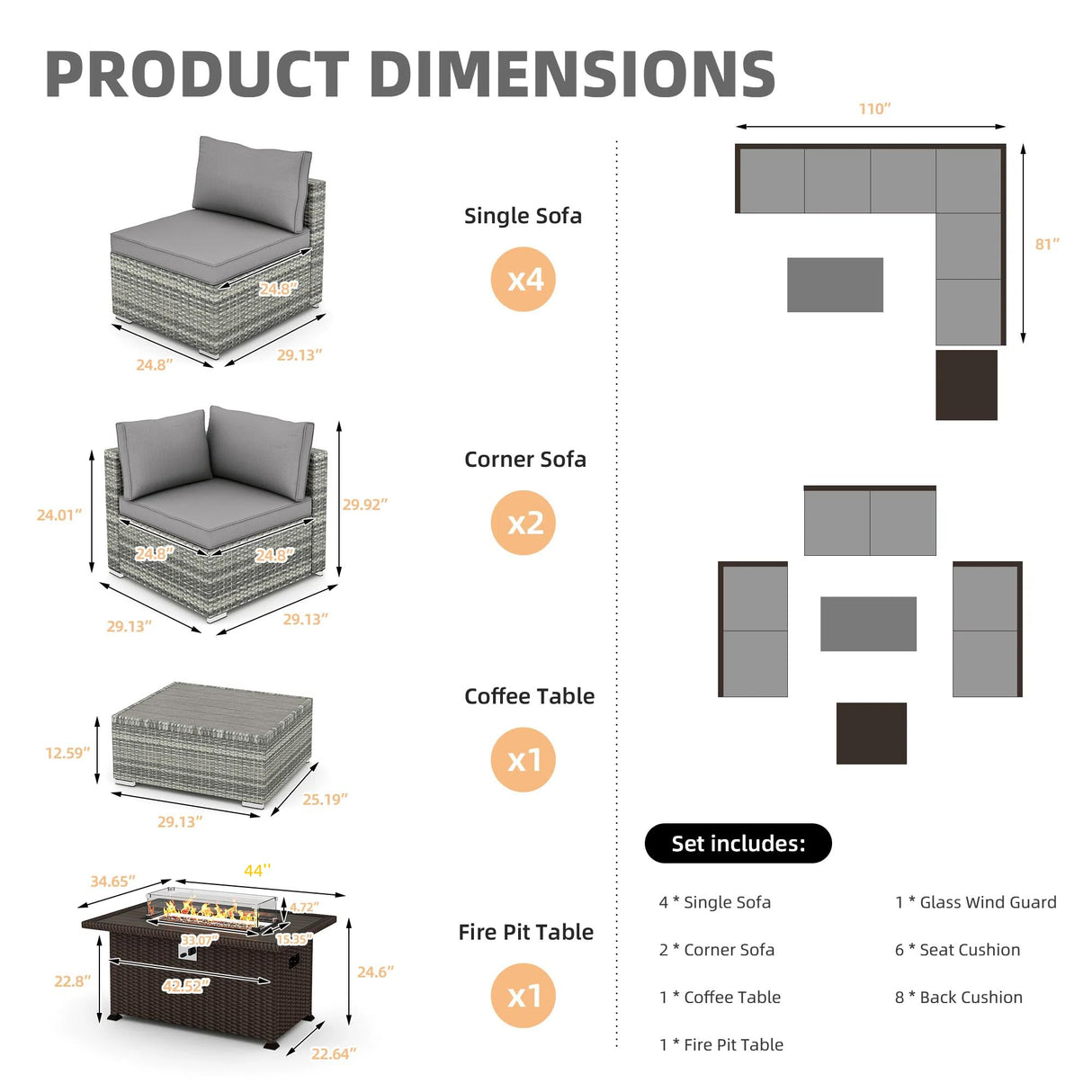 HOMREST 8 Pieces Outdoor Patio Furniture Set with 44" Propane Fire Pit Table, PE Rattan Sectional Sofa Conversation Set w/Adjustable Bracket,Wood Coffee Table for Backyard (Grey) HOMREST