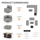 HOMREST 8 Pieces Outdoor Patio Furniture Set with 44" Propane Fire Pit Table, PE Rattan Sectional Sofa Conversation Set w/Adjustable Bracket,Wood Coffee Table for Backyard (Grey) HOMREST