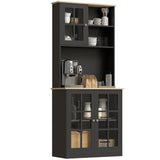 HOMCOM Kitchen Pantry Storage Cabinet, 72" Freestanding Cabinet with Hutch, Large Countertop, Glass Doors and Adjustable Shelves for Dining Room, Black HOMCOM