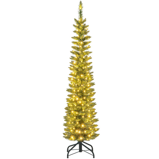 Goplus 5ft Pre-Lit Pencil Christmas Tree, Skinny Xmas Tree with 150 Warm-White LED Lights, 296 Branch Tips, Foldable Metal Stand, Artificial Slim Christmas Tree for Home Office Decoration