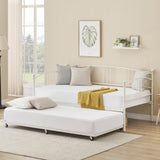 IDEALHOUSE Twin Daybed with Trundle, Metal Twin Size Daybed with Pullout Trundle 6 Casters, Steel Slat Support Sofa Bed for Living Room, Bedroom, Guest Room (White) IDEALHOUSE
