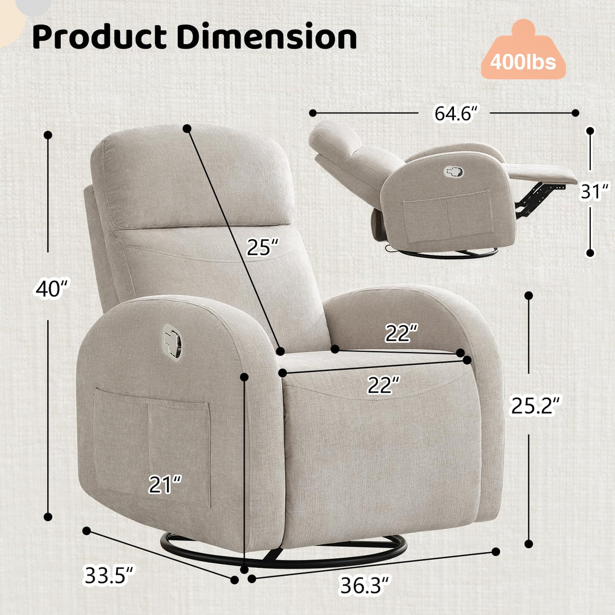 AEMEIOS Nursery Swivel Rocker Recliner, Manual Nursering Glider Recliner, Chenille Swivel Rocking Nursery Recliners with Double Pockets for Living Room, Camel AEMEIOS