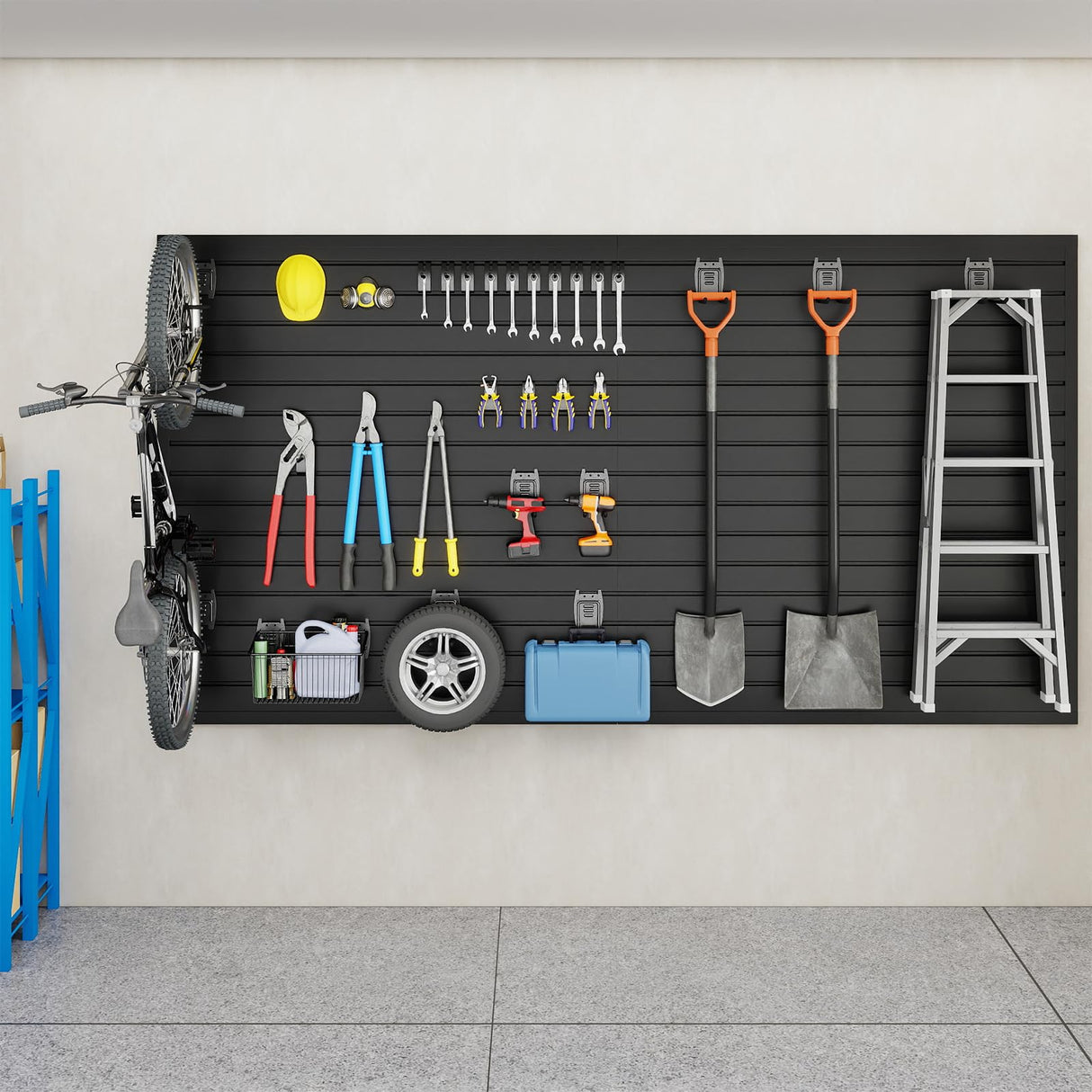 DoCred Slat Wall Paneling Organizer, 4x7.5 FT PVC Garage Slatwall Storage Systems, Heavy Duty Mounted Slat Peg Board for Tool Organization Ladder Bike Rack (Black) DoCred