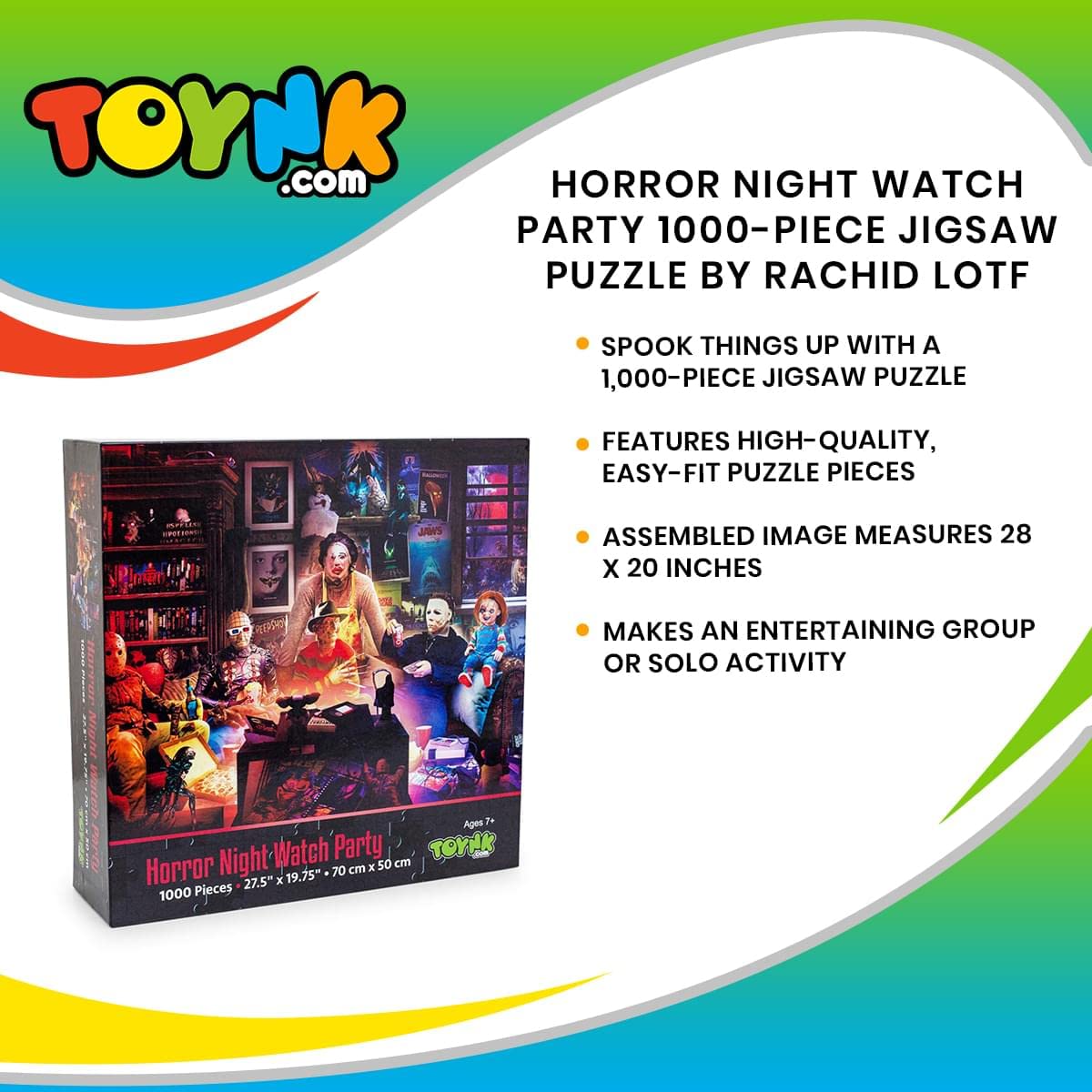 Horror Night Watch Party 1000-Piece Jigsaw Puzzle by Rachid Lotf | Brain Teaser for Adults, Educational Developmental Toys & Games, Building Kit Activities to Encourage Creative Play | 28 x 20 Inches Toynk