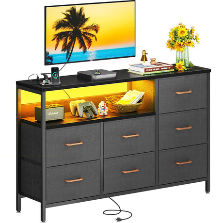 AODK Dresser with LED Lights and Power Outlet, 52-Inch Long Dresser TV Stand for Bedoom, Fabric TV Stand with 7 Large Storage Drawers and Shelves for Living Room, Black and Dark Grey AODK