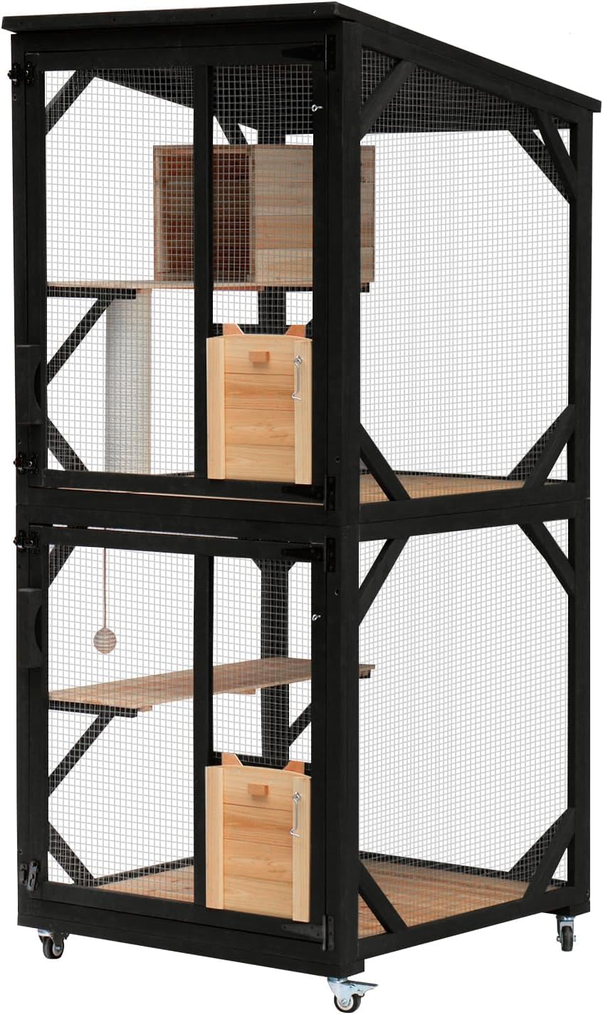 Luyitton 4 Tiers Cat Catio Cat House Outdoor Cat Enclosure Window Large Outside Patio with Removable Floor, Scratching Post Sisal Ball 4 Wheels Waterproof Roof - WoodArtSupply