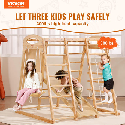 VEVOR Large Size Indoor Jungle Gym, 7-in-1 Toddler Indoor Playground, Wooden Toddler Climbing Toys with Wood & Rope Ladder, Net Ladder, Swing, Monkey Bar, Slide, Climbing Wall, 47.2 x 58 x 56in