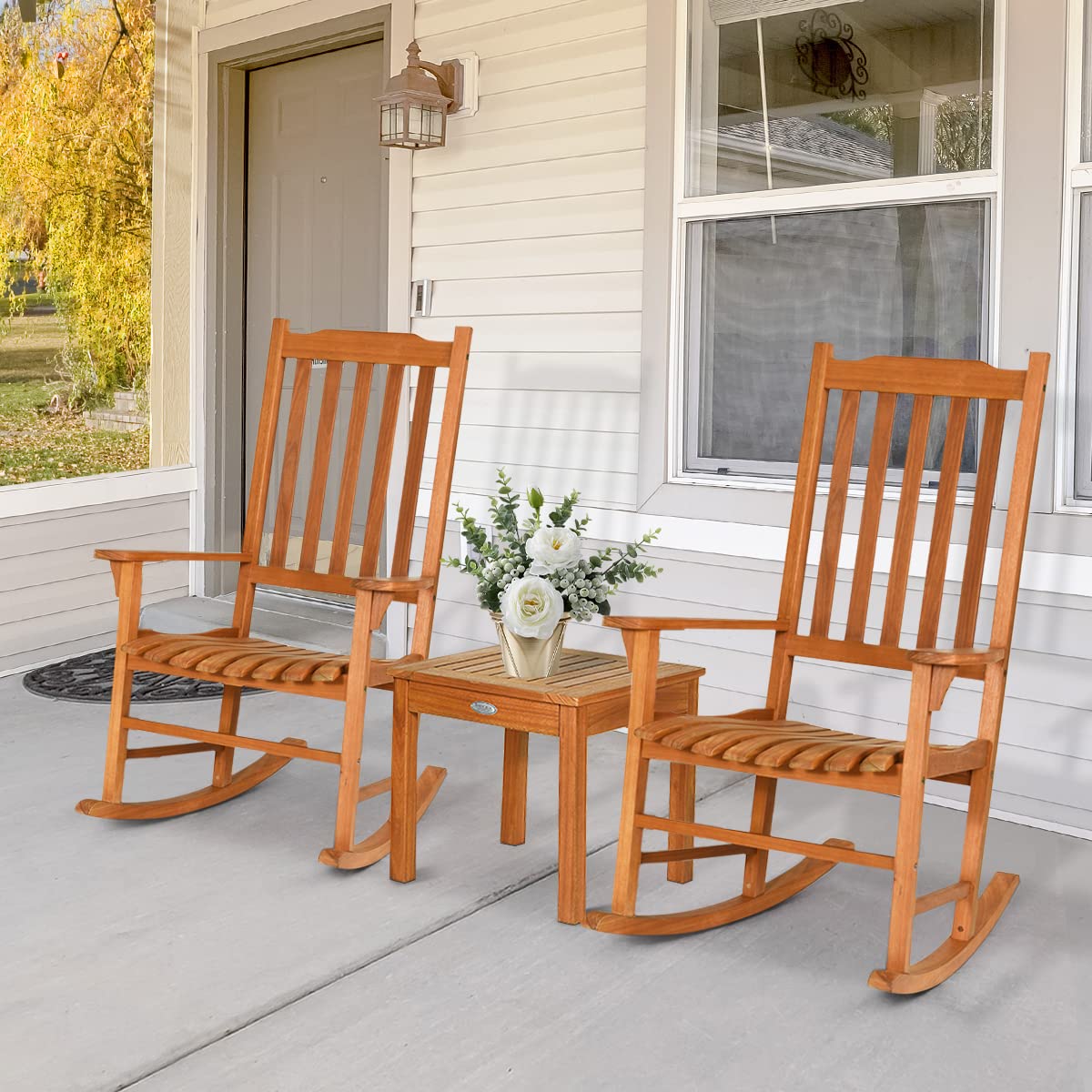Tangkula 3 Piece Patio Rocking Bistro Set, Patiojoy Eucalyptus Wood Conversation Set with 2 Rockers and 1 Coffee Table, Outdoor Rocking Chair Set with Coffee Table for Porch, Patio and Backyard Tangkula