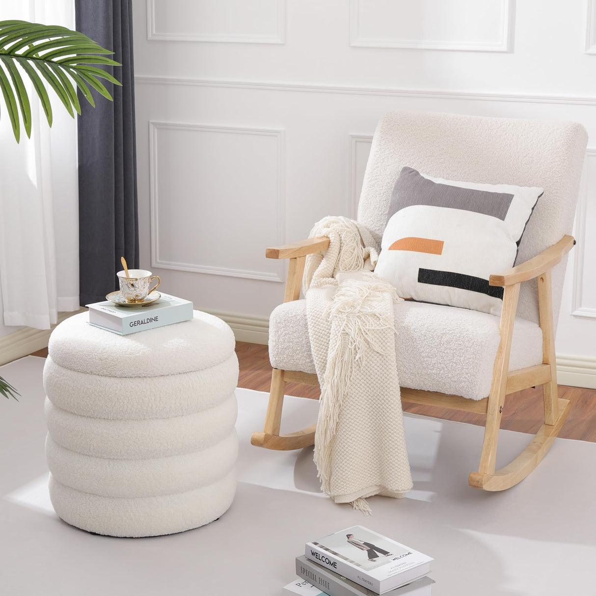 Dolift Modern Teddy Sherpa Foot Rest for Couch, Round Ottoman with Storage, Upholstered Foot Stools Ottoman, Vanity Chair for Makeup Room Bedroom Living Room (White) Dolift