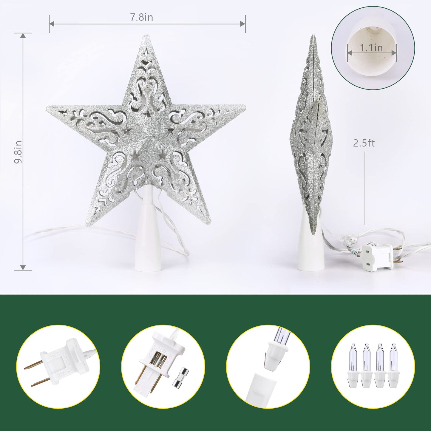 Brizled Star Christmas Tree Topper, 8" Glittered Hollow-Out Tree top Star, Double-Sided 3D Tree Topper with 10 Lights, UL Certified Lighted Xmas Tree Topper for Holiday Christmas Tree Decor, Silver