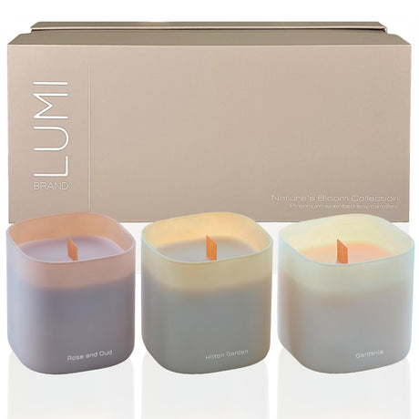 Set of 3 Scented Soy Candles Gift Set | Nature's Bloom Collection | 3 Scented Candles - Gardenia, Hilton Garden, and Rose & Oud | Crackling Wood Wick | Clean Burn | 50+HR Burn Time, 9.8oz Each Lumi Brand