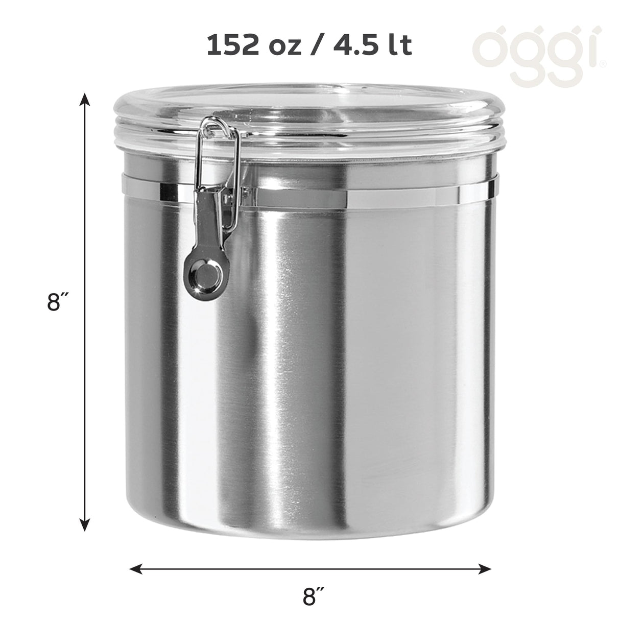 Oggi Stainless Steel Kitchen Canister 152 fl oz - Airtight Clamp Lid, Clear See-Thru Top - Ideal for Kitchen Storage, Food Storage, Pantry Storage. Jumbo Size 8" x 8". Oggi