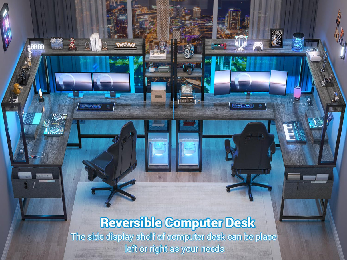 Aheaplus L Shaped Desk with Power Outlet, L Shaped Gaming Desk with Led Light & Hutch, Reversible Home Office Desk, Corner Computer Desk Writing Desk with Monitor Stand & Storage Shelves, Grey Oak Aheaplus