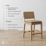 Nathan James Cohen Mid-Century Modern Leather Bar Stool, Counter Height Chair in Solid Wood Frame with Footrest and Woven Leather Back for Kitchen, Natural Brown, 1 count, Barstool - 24" Nathan James