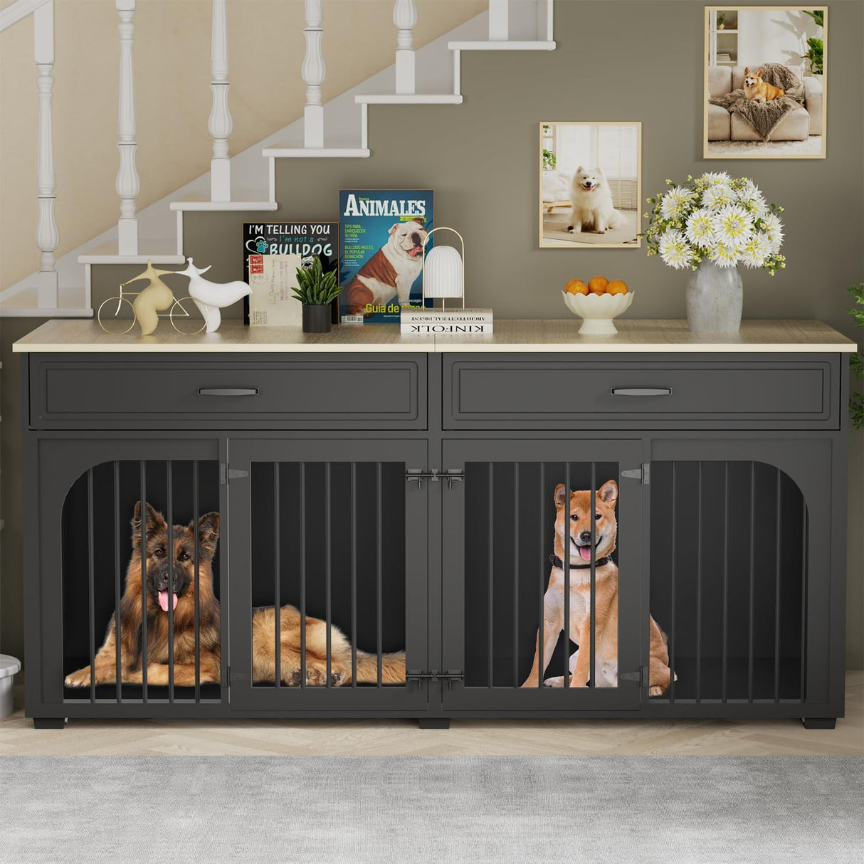 EBE 74.8'' Dog Crate Furniture, Wooden Dog Crate with 2 Drawers and Removable Divider, Heavy Duty Dog Kennel Indoor TV Stand for Small Large Medium Dogs, Black EBE