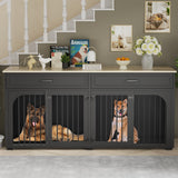 EBE 74.8'' Dog Crate Furniture, Wooden Dog Crate with 2 Drawers and Removable Divider, Heavy Duty Dog Kennel Indoor TV Stand for Small Large Medium Dogs, Black EBE