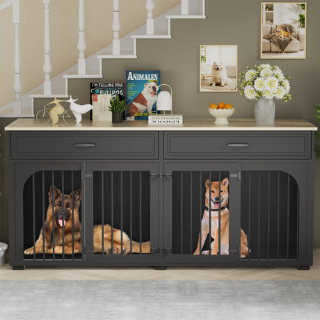EBE 74.8'' Dog Crate Furniture, Wooden Dog Crate with 2 Drawers and Removable Divider, Heavy Duty Dog Kennel Indoor TV Stand for Small Large Medium Dogs, Black EBE