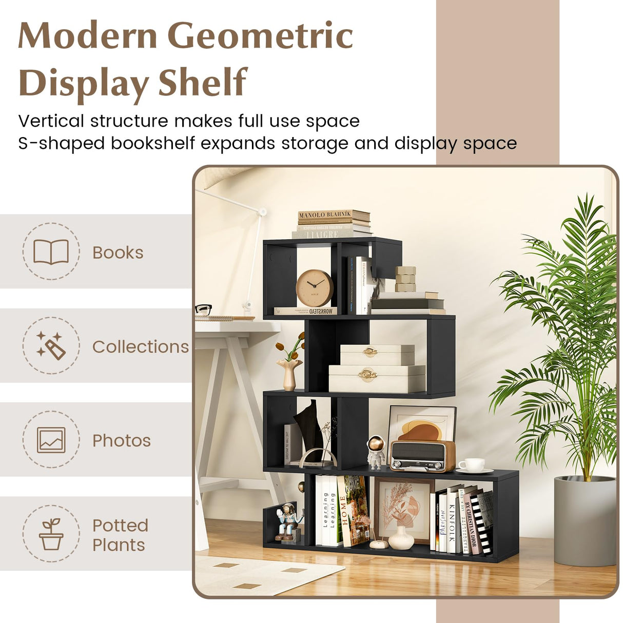 Giantex 5-Tier S-Shaped Bookshelf, Geometric Bookcase w/Open Cubes, Modern Decorative Display Shelf w/Anti-Toppling Kits, Freestanding Storage Rack for Living Room, Study, Home, Office, Black Giantex