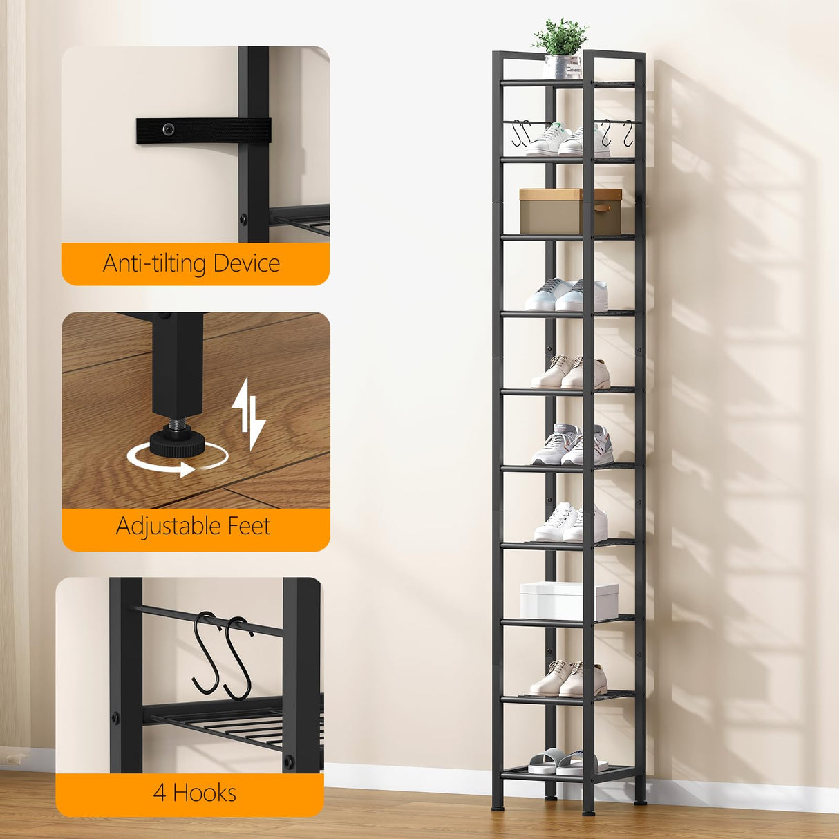 USIKEY 10 Tiers Narrow Shoe Rack for 10-20 Pairs - Sturdy Metal Tall Shelf With 4 Hooks, Slim Storage Organizer, Space Saving Vertical Design for Entryway, Closets - Black usikey