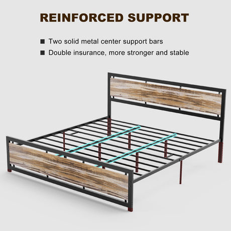 IKIFLY California King Size Industrial Metal Bed Frame with Wooden Headboard and Footboard IKIFLY