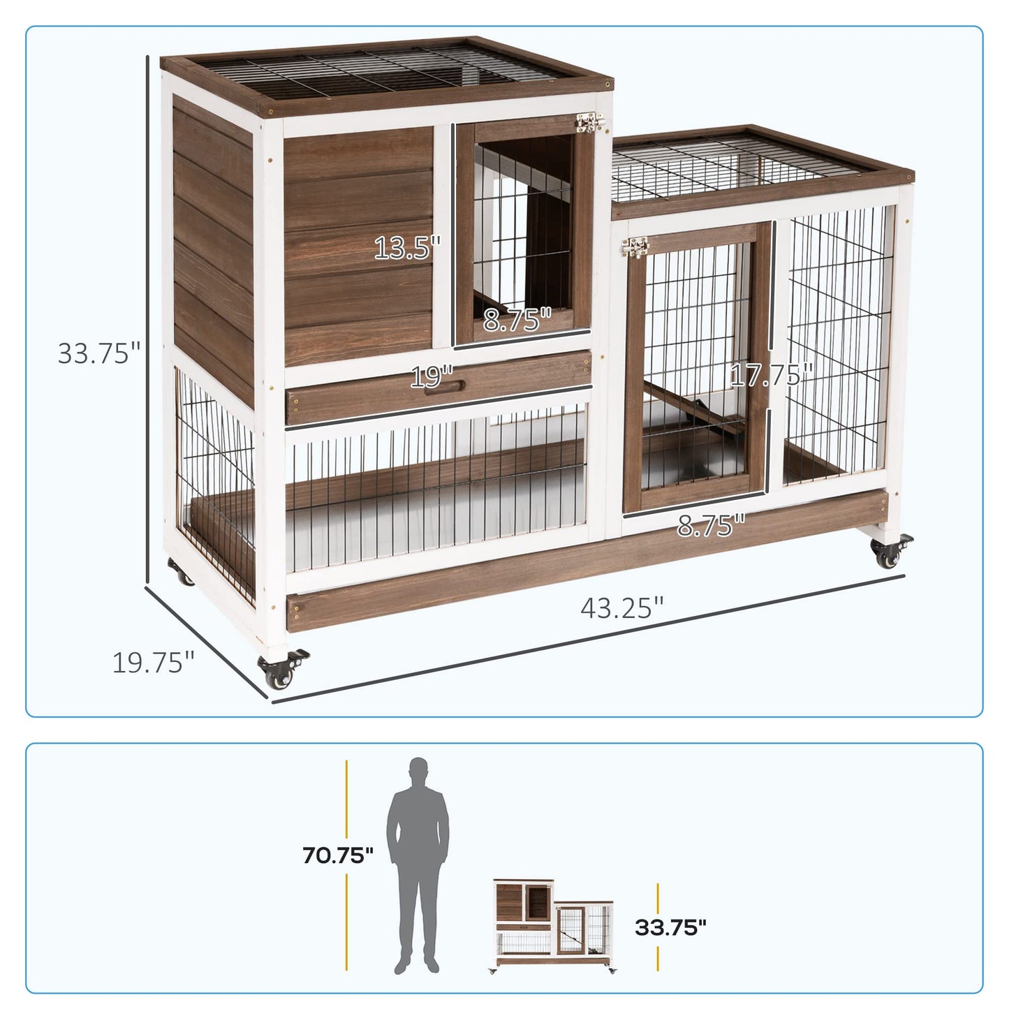 PawHut Wooden Rabbit Hutch Elevated Bunny Cage Indoor Small Animal Habitat with Enclosed Run with Wheels, Ramp, Removable Tray Ideal for Guinea Pigs, Brown