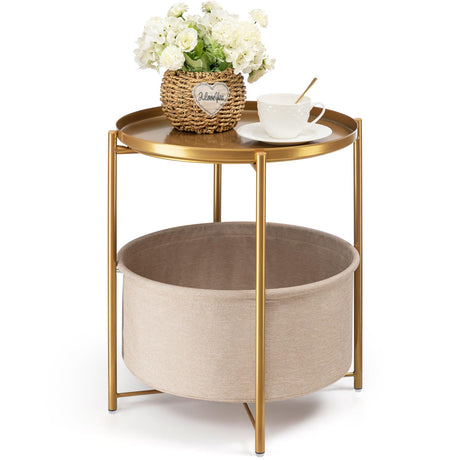 danpinera Round Side Table with Fabric Storage Basket, Metal Small Bedside Nightstand with Removable Tray Top for Living Room, Bedroom, Nursery, Laundry, Gold danpinera