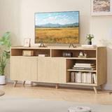 Jocoevol Fluted TV Stand for 65 Inch Boho Entertainment Center With Storage, Wood Media Console Cabinet With Shelves and Doors, Living Room Furniture for Bedroom, Natural Oak Jocoevol