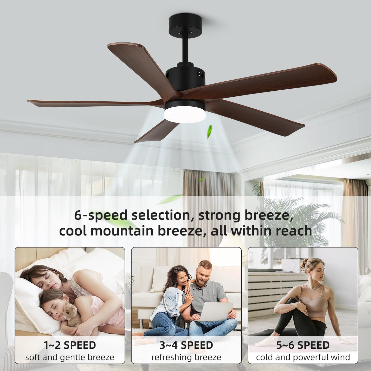 YYEHON 52 Inch Ceiling Fans with Lights and Remote&APP Control,Dimmable,DC Reversible Motor with 5 Wood Colored Blades Ceiling Fan for Living Room,Patio,Bedroom,Farmhouse,Indoor Office