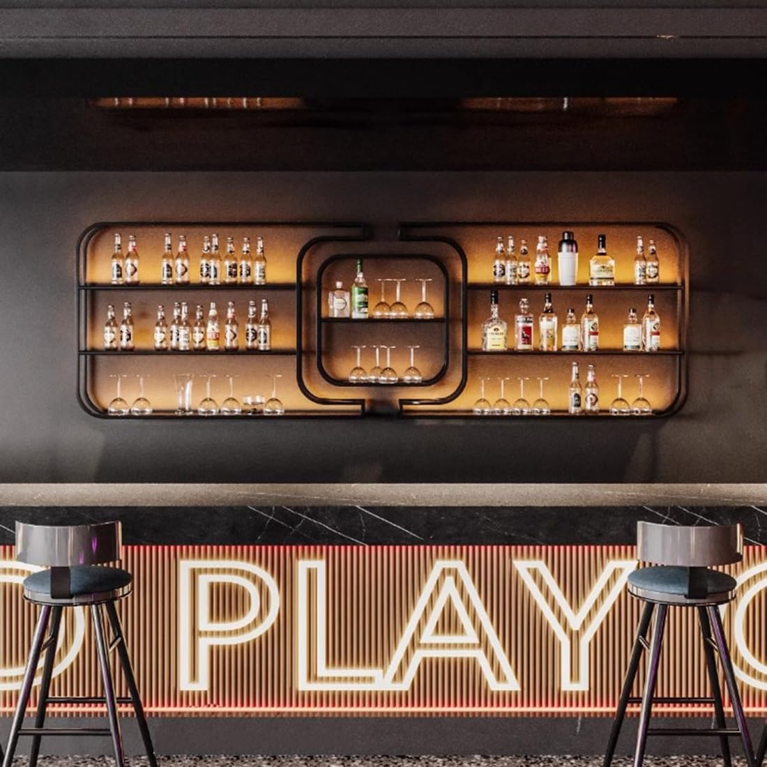 Large Wine Storage Rack Wall Mounted With LED Light With Wine Glass Holder, Heavy Duty Iron Bar Liquor Shelf,Floating Wall Wine Shelves,Bar Liquor Bottle Display Shelf For Kitchen Bar Decoration(350*1 IRHIGBGX