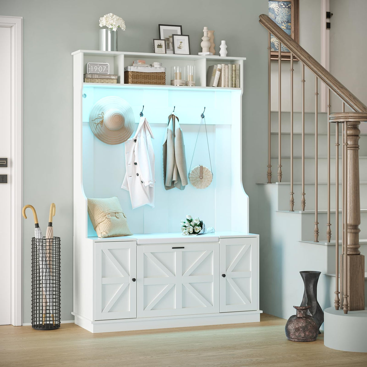 Maupvit Hall Tree with Bench and Shoe Storage, Coat Rack with Shoe Bench, 6 Shoe Cubbies, 4 Coat Hooks, LED Lights and Adjustable Shelf, Entryway Hall Tree, Shoe Bench with Soft Cushion for Hallways Maupvit