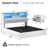AOGLLATI Farmhouse Queen Bed Frame with 4 Storage Drawers and Led Lights, Wooden Bed Frame Queen Size with Hidden Space Bookcase Headboard and Led Lights & Metal Slats, White AOGLLATI