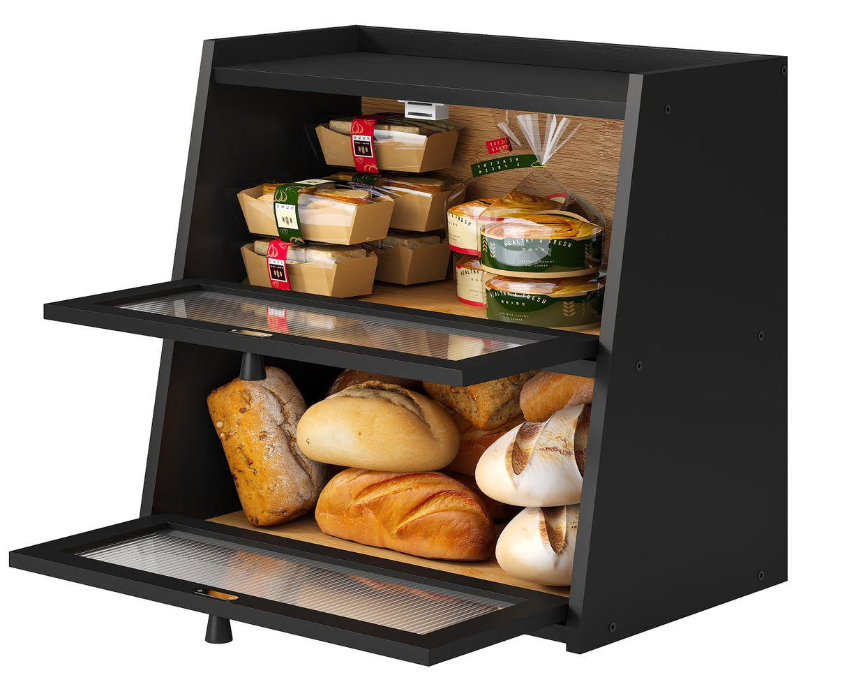 viewcare Black Bread Box, Double Layer Large Bread Box for Kitchen Counter, Bamboo Bread Storage Container with Wavy Acrylic Transparent Door viewcare