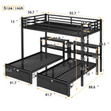 RuiSiSi Metal Triple Bunk Bed with Storage Drawers, Full XL Over Twin & Twin Bunk Beds, Multi-Functional Bunk Bed with Shelving & USB, Black RuiSiSi