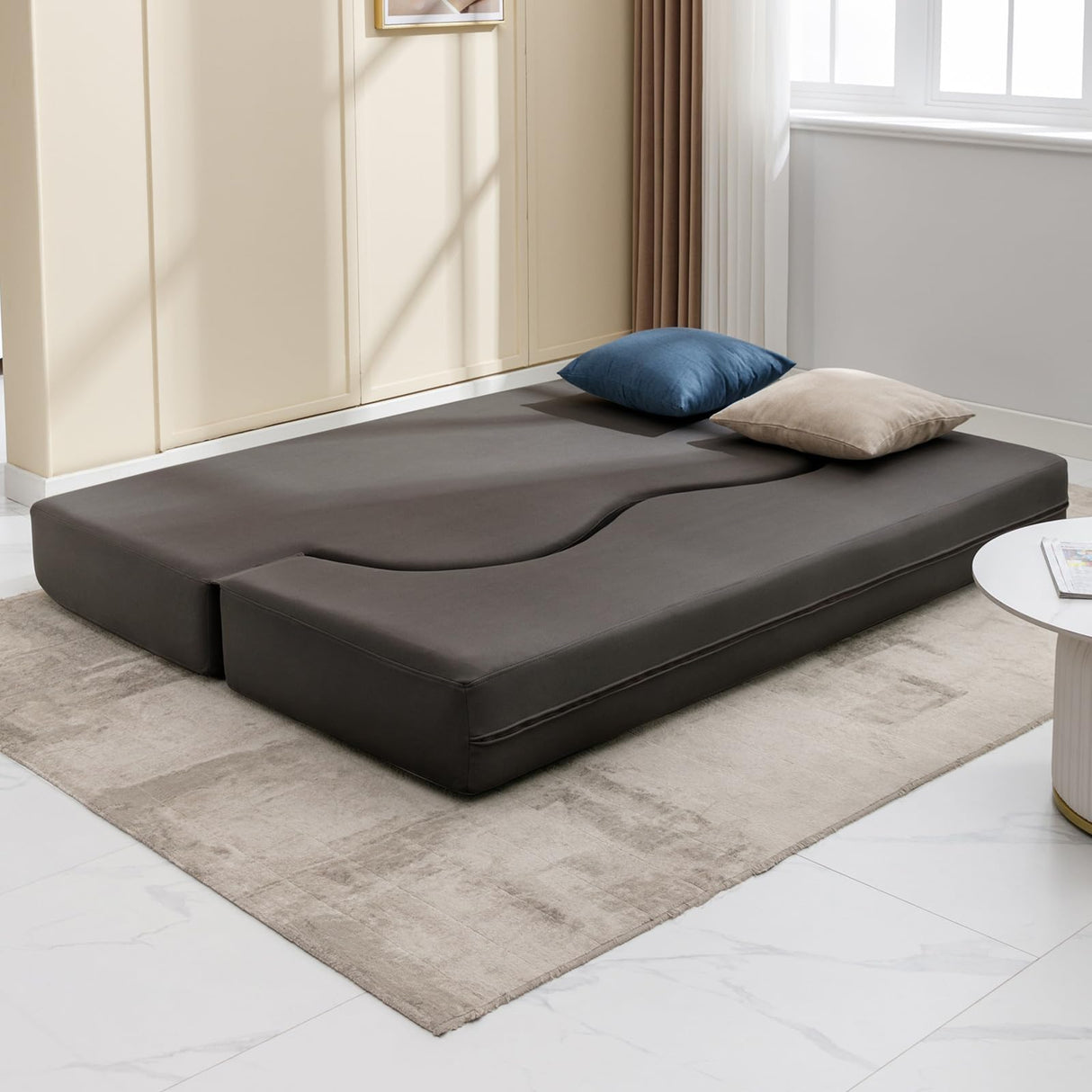 ijuicy Queen Size Convertible Floor Sofa Bed, Foldable Futon Sofa Bed, Foam Folding Mattress Sleeper, Leathaire Fabrics Floor Couch Lounge Sleeper Bed for Small Spaces (Dark Grey) ijuicy