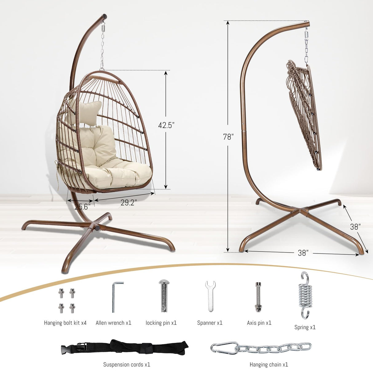 BULEXYARD Hanging Egg Swing Chair with Stand Indoor Outdoor 350lbs Capacity, Brown Wicker Hammock Egg Basket Chair with Beige Thickened Cushion for Bedroom Balcony Garden Porch Patio BULEXYARD