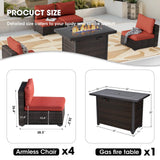 Outdoor Sectional Furniture, 5 Piece Patio Furniture Set with 42-inch Fire Wicker Propane Fire Pit Table - All Weather Wicker Rattan Couch Sofa Conversation Set for Backyard Lawn Poolside Deck, Red Grezone