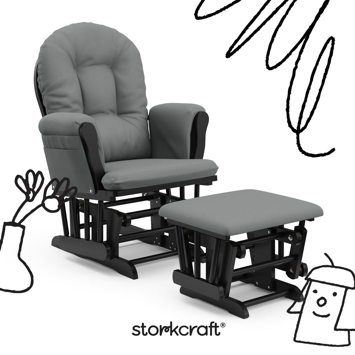 Storkcraft Premium Hoop Glider & Ottoman (Black with Gray) — GREENGUARD Gold Certified, Solid Wood Craftsmanship, Convenient Storage Pockets, Smooth-Gliding Chair for Nursery, Multi-Award-Winning Storkcraft