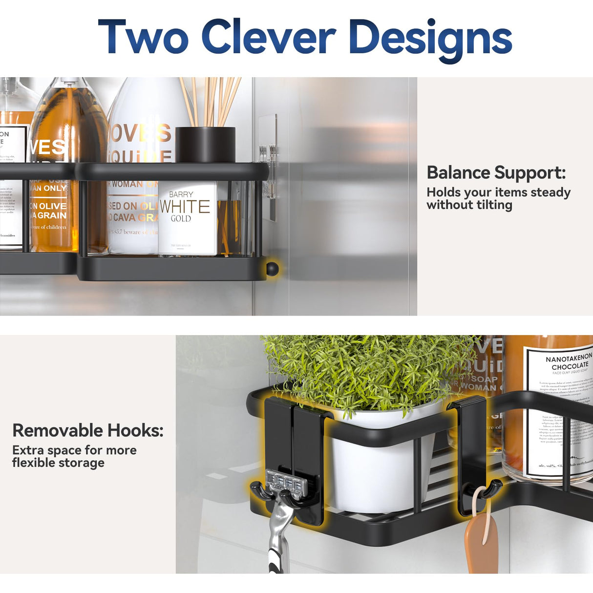 YASONIC Corner Shower Caddy Organizer, 5-Pack Adhesive Rustproof Stainless Steel Shower Shelves with Soap Holder, No Drilling Shower Storage Rack for Family Renters Bathroom, Black YASONIC