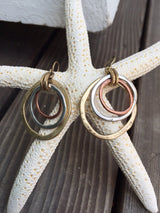 Handmade Sunrise Tricolor Dangle Earrings - Burnished Circles, Copper, Brass and Silverplated Of Earth and Ocean