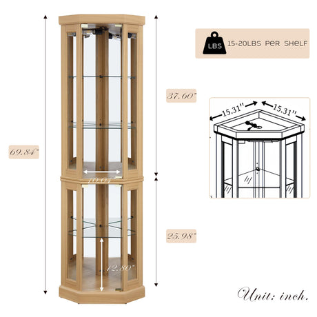 Eyisean 70" Lighted Glass Corner Curio Cabinet, Display Cabinet with Elegant Tempered Glass Door, China Cabinet with Light Bulb, Mirrored Back Panel, Rack for Living Room Storage (Light Oak) Eyisean