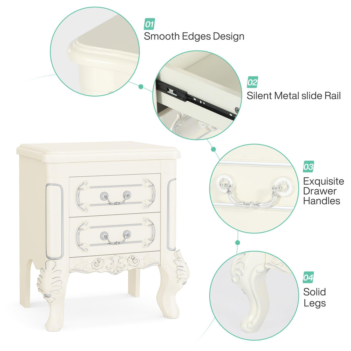 Tribesigns White Nightstand, End Table with 2 Drawers, Carved Bedside Tables, Side Table for Bedroom, Classic Bedroom Furniture, Night Stand White Tribesigns