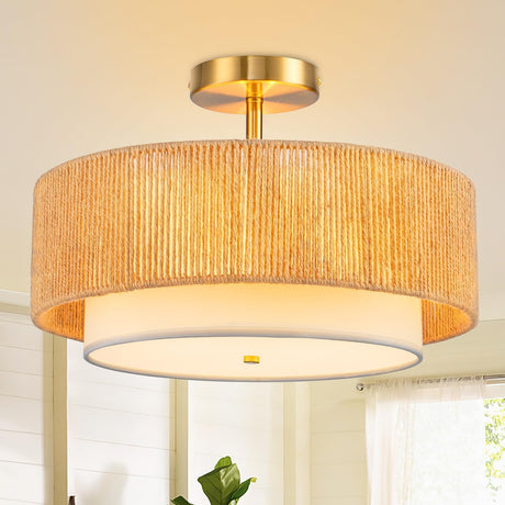 SineRise 16'' Rattan Flush Mount Ceiling Light Fixture,2-Tier Drum Hand-Woven Boho Flush Mount Ceiling Light,Farmhouse Light Fixture for Living Room,Kitchen,Bedroom Foyer Entryway ect. SineRise