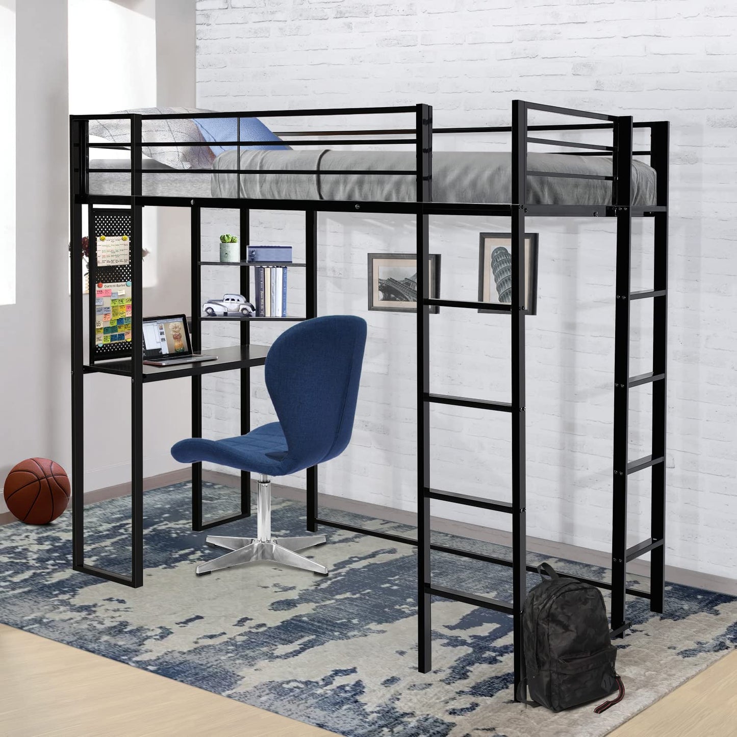 ADOVA Twin Loft Bed with Desk and Shelves for Teens Adult,Loft Bed Frame with 2 Built-in Ladders,12.2" H Safety Guardrail,Noise Free,No Box Spring Needed,72.01'' H x 57.09'' W x 79.53'' L