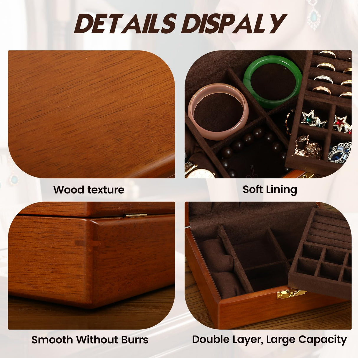 LIBOLXSP Solid Walnut Wood Jewelry Box with Lock,2 Layer Velvet Lined for Earrings Rings Necklaces Bracelets Watches,Both Style and Security, for Men Women,Vintage Brown LIBOLXSP