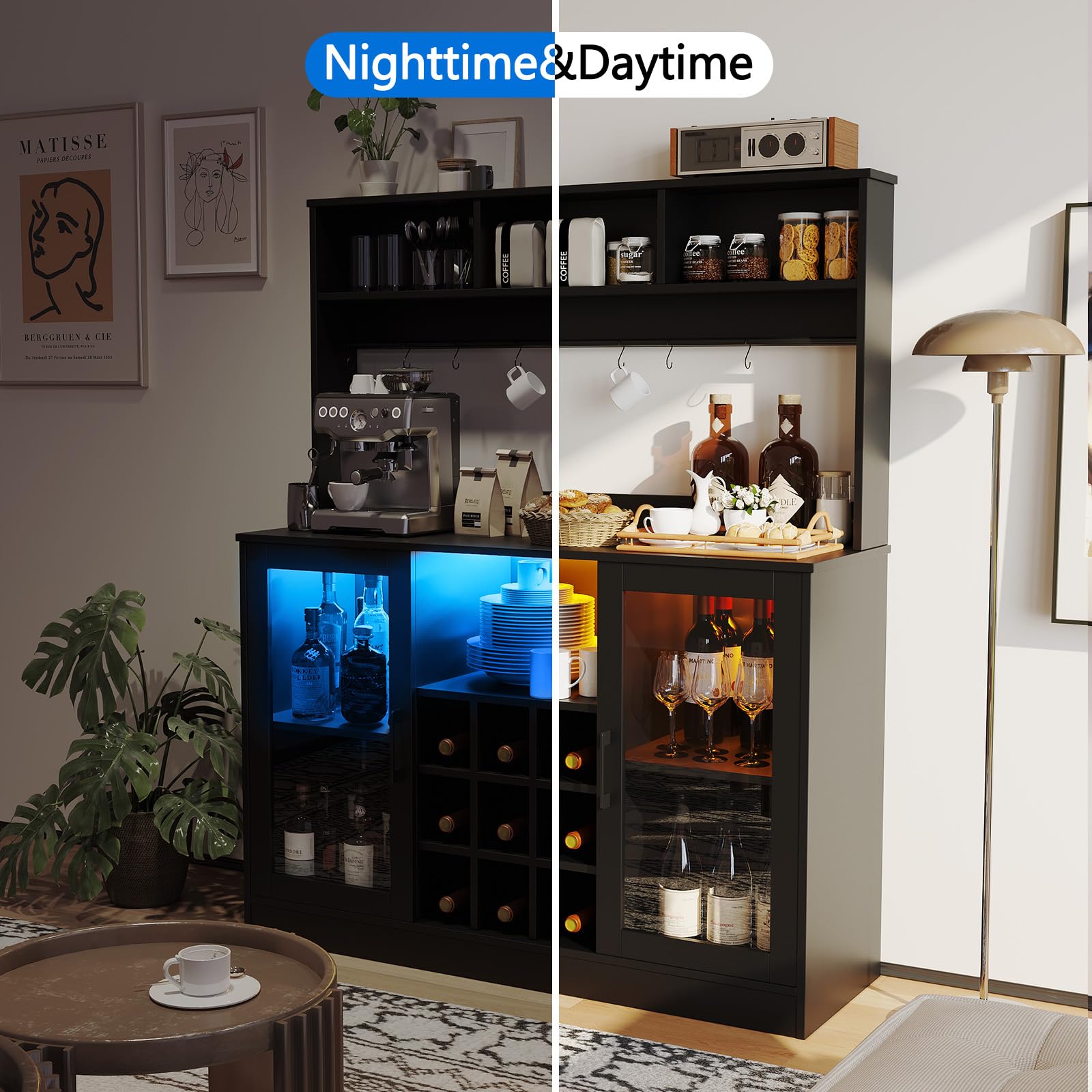 GarveeHome Coffee Bar Cabinet Wine Bar Cabinet with Power Outlet, 6 Hooks,9 Wink Racks and Adjustable Shelf, Liquor Cabinet Bar with LED Light, Buffet Sideboard with Storage Shelf for Kitchen - WoodArtSupply