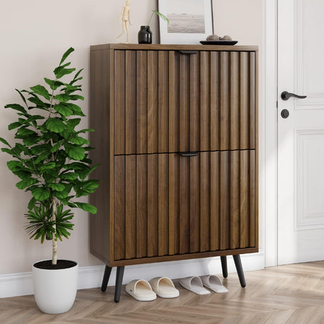 Smuxee Shoe Cabinet with 2 Flip Drawers, 23.6" Walnut Hidden Shoe Storage Cabinet with Fluted Design, Freestanding Shoe Organizer Cabinet for Entryway, Hallway, Closet, Living Room Smuxee